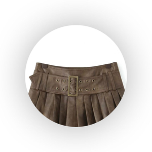 Jupe courte plissée en cuir PU marron pour femme, taille normale, couleur unie, à porter toute l'année - Product Image 3