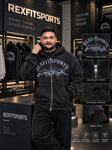 REXFITSPORTS 2026 Sweat à capuche zippé noir vieilli pour homme, impression graphique premium, streetwear - Product Image 5
