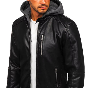 Men's Black PU <b>Leather</b> Hooded Moto <b>Jacket</b> with Zipper Closure and Side Pockets Autumn Windproof Style - Product Image 1