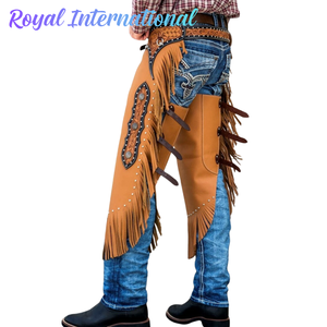 Chaps de cowboy western en cuir faits main Royal International avec franges, équipement d'équitation et de moto, protection des jambes - Product Image 1