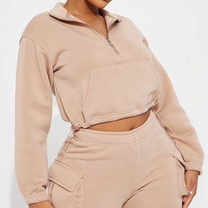 Trendy Loose Fit Crew Neck Cotton Casual <b>Twin</b> <b>Set</b> 2026 Wholesale Rate Women's 2 Piece Long Sleeve Crop Sweat Top And Shorts <b>Set</b> - Product Image 5
