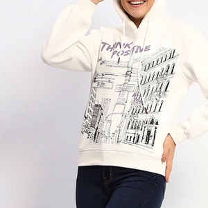 Sweat à capuche crème pour femme avec imprimé urbain et motif lettres 'Think Positive', style décontracté pour l'automne, 100% coton tricoté, manches longues - Product Image 3