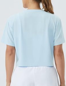 Sexy Women's Light <b>Blue</b> O-Neck Custom Logo Short Sleeve <b>Crop</b> <b>Top</b> Solid Color Gymwear Breathable Knitted Tank <b>Top</b> - Product Image 3
