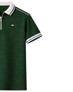 Polo zippé vert foncé pour homme, manches courtes, col côtelé, décontracté, fabrication sur mesure, vêtements d'été pour les acheteurs en gros - Product Image 3