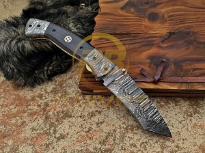 Navaja de bolsillo plegable de acero de Damasco hecha a mano con mango de hueso de camello auténtico, 7 pulgadas de largo, OEM/ODM disponible, cuchillo para camping - Product Image 3