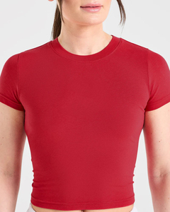 Nueva Llegada, Camiseta Casual de Jersey Sólido Roja de Manga Corta para Mujer, con Logotipo Personalizado al por Mayor, Corte Ajustado, Transpirable, para Primavera/Verano - Product Image 4