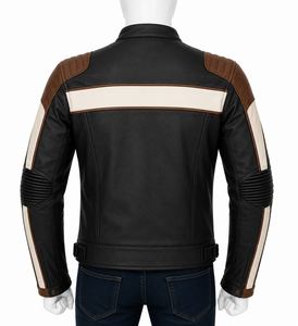 Men's Black Brown Cream Color Blocked Leather <b>Motorcycle</b> <b>Jacket</b> Full Sleeve Windproof All Seasons - Product Image 2