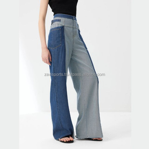 Pantalon en jean pour femme, taille haute, design japonais, jean bicolore, patchwork, jambe large, ample, délavé, vintage, modeste - Product Image 3