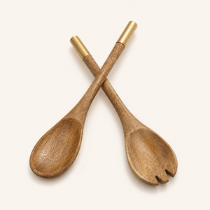 Vintage Mango Wood Salad Server Set Eco-Friendly Wooden Serving Spoons for Kitchen & Dining Tableware with Gold Finish Handles - Product Image 6