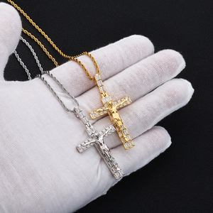<b>Mens</b> Lab--Grown Diamond 925 Silver <b>Crucifix</b> Cross Pendant <b>Necklace</b> Religious Statement Chain - Product Image 1