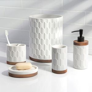 Aesthetic Design Square <b>Wooden</b> With Resin <b>Bathroom</b> Set Three-Piece Gray Wood Effect Easy To Clean For <b>Bathroom</b> Decor Set - Product Image 6