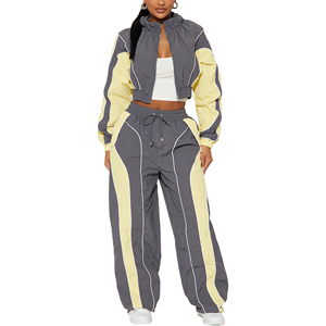 Nouvelle arrivée : veste coupe-vent imperméable personnalisée pour femme, avec surpiqûres contrastées, pantalon coupe-vent, ensemble en nylon pour femme - Product Image 1