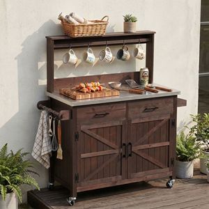 Isola Cucina da Esterno 137 cm con Ripiano Alto, Grande Panca da Patio, Tavolo con Piano in Acciaio Inox, Armadietto Contenitore per Attrezzi da Giardino - Product Image 3