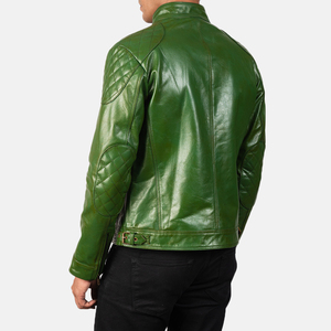 Chaqueta de cuero genuino de piel de cordero para hombre, con logotipo personalizado, estilo motero, color verde metálico. - Product Image 3