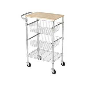 Chariot de rangement à 3 niveaux en fil métallique noir avec base en bois, chariot utilitaire mobile à roulettes, étagère organisatrice pour cuisine et salon - Product Image 2