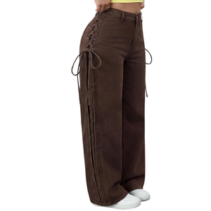 Jean large marron taille haute pour femme avec détails en dentelle sur les côtés, coupe décontractée, style streetwear, pantalon en denim tendance, séchage rapide - Product Image 5