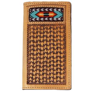 Cartera Larga Unisex Resistente Hecha a Mano, Estilo Bohemio, con Cuentas Marrones, Rayas, Cierre de Cremallera, Detalles Western, en Cuero Genuino - Product Image 1