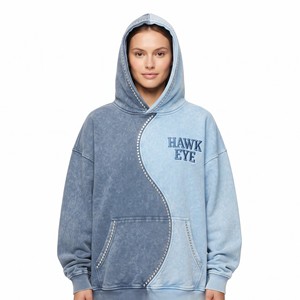 Sudadera con capucha para mujer, bicolor, con pedrería, oversize, lavado ácido, de algodón grueso, forro polar, hombros caídos, con logo personalizado, para invierno - Product Image 1