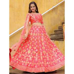 Encantador Peach Bordado Seda Boda Lehenga Choli Con Dupatta - Product Image 6