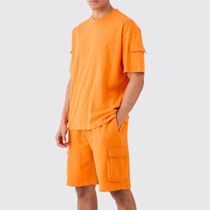 Ensemble T-shirt et short en coton orange pour homme, col rond, décontracté, été, couleur unie, tricoté, respirant, streetwear - Product Image 1