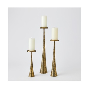Modern <b>Hammered</b> Gold Metal Pillar Candle <b>Holder</b> Set 3 Piece Textured Brass Finish Candlestick Stands Luxury Sculptural Table - Product Image 3