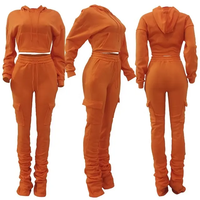 Benutzer definierte Sportswear Trainings anzüge für Frauen Jogger Set Frauen gestapelte Hosen 2 Stück verkürzte Trainings anzug Jogging hose und Hoodie Set