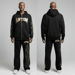 Conjunto Deportivo Personalizado con Estampado de Llamas para Hombre, Sudadera con Capucha Negra con Cierre y Pantalones Deportivos Anchos de Felpa Gruesa, Estilo Urbano 2027 - Product Image 5