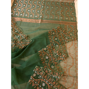Sari Jamdani en coton artisanal traditionnel, motif floral imprimé numériquement, pour occasions de fête féminines, protection solaire, séchage rapide - Product Image 6