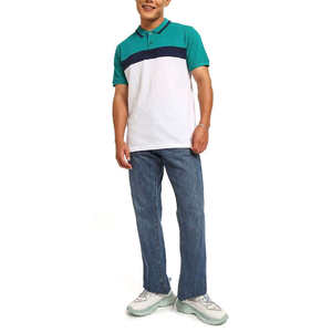 Polo homme color block à manches courtes, coupe classique, décontracté, en tissu Oxford, vert, blanc, marine, style uni - Product Image 3