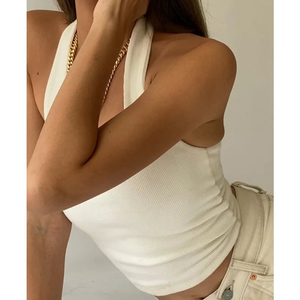 Top Corto de Punto Blanco para Mujer, Estilo Minimalista, Transpirable, de Algodón y Spandex - Product Image 2