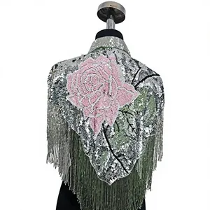 Cape de mariée de luxe noire brodée de sequins, veste de cape de mariage brodée à franges perlées - Product Image 1