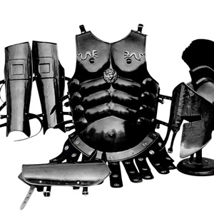 ชุดเกราะสปาร์ตันยุคกลางพร้อมเสื้อเกราะป้องกันอก หมวก ชุดป้องกันขา และปลอกแขน  ชุดประดับตกแต่งและชุดคอสตูมฮาโลวีน - Product Image 1