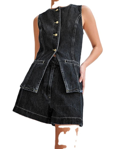 Wholesale Custom Ladies <b>Denim</b> Washed <b>Denim</b> Crop Top and <b>Skirt</b> Trendy Summer <b>Denim</b> Women <b>Denim</b> <b>Skirt</b> Set - Product Image 3
