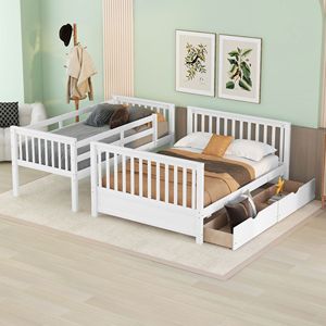 Letto a Castello Bianco con Letto Singolo Sopra e Letto Matrimoniale, con Scale e Due Cassetti Portaoggetti, Letti per Bambini Prodotto-LT000165AAK - Product Image 3