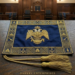 Tablier de Maître du 32e Degré de la Franc-Maçonnerie Royale, Broderie en Fil Doré, Velours Bleu, Fait Main, Régalia Maçonnique avec Pompons Dorés - Product Image 1