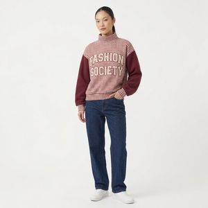 <b>Women's</b> Oversized <b>Navy</b> Football Club Sweatshirt Turtleneck Checkered Trim Cotton Knitted Autumn Wear - Product Image 2