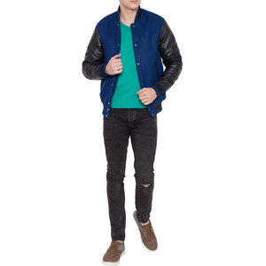 Chaqueta Varsity Azul para Hombre, de Lana, con Mangas Negras, Cuello Alto y Cierre Frontal, Estilo Casual para Otoño - Product Image 6