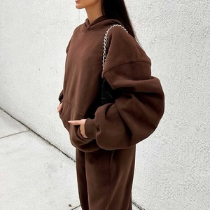 Ensemble de survêtement marron oversize pour femme, sweat à capuche ample et pantalon de jogging baggy, tenue de détente en molleton doux deux pièces - Product Image 2