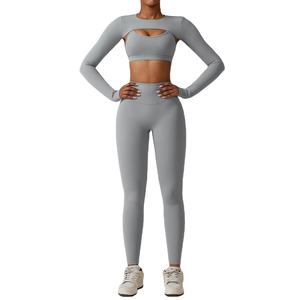 Traje deportivo de gimnasio para mujer, ropa de Yoga de 2/3 piezas con Top de manga larga y mallas de cintura alta, chándal de entrenamiento con patrón sólido - Product Image 1