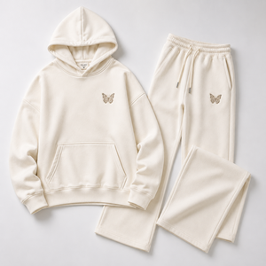Premium Oversized <b>Cream</b> Butterfly Embroidered Hoodie Wide Leg Sweatpants Tracksuit Unisex Luxury <b>Fleece</b> Set OEM ODM Fashion - Product Image 1