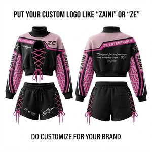 Premium Polyester Sports Wear Short Set 300 Grams Black Pink Panelled <b>Cropped</b> Hooded Full Sleeve <b>Jacket</b> Shorts Quick Dry Winter - Product Image 1