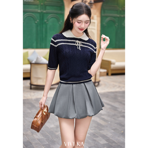 VIVI KA <b>Women's</b> Preppy Style Woven Blouse with Peter Pan Collar and Bow Detail <b>Short</b> Sleeve Winter Top 100% Polyester Polka Dot - Product Image 1