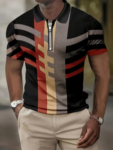 Camisa de Hombre Beige a Rayas de Manga Corta con Botones Frontales y Ribete Negro, Tejido Casual Transpirable de Poliéster Jersey 220g - Product Image 2