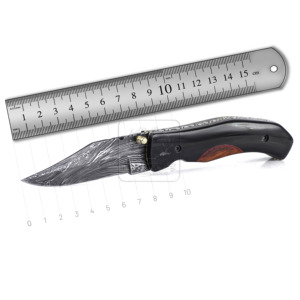Couteau pliant artisanal DD-FK-734 en acier Damas, pointe clip, pour la chasse, la survie en extérieur, le bushcraft, le camping, multi-outils, corne de buffle - Product Image 3