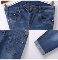 Jeans Capri de Mezclilla Ajustados de Cintura Alta para Mujer, Estilo Vintage, Color Azul Sólido, Casual, Verano, con Dobladillo, Tejido Transpirable, Lavado Medio