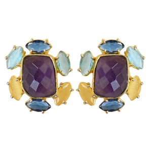 Boucles d'oreilles clous en améthyste faites à la main, plaqué or 18 carats, laiton, géométriques, classiques, pour soirée, vente en gros - Product Image 1