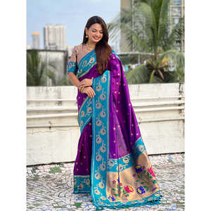 Elite Weaves <b>Purple</b> Rama Soft Silk Lotus Paithani <b>Saree</b> with Intricate Design Premium Handwoven Indian Traditional Wear 650g - Product Image 1