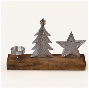 Handmade Silver Aluminum Christmas Tree And Star <b>Tea</b> <b>Light</b> Candle Holder On Mango Wood Base Festive Holiday Table Centerpiece - Product Image 3