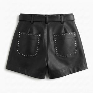 High Waist Black <b>studded</b> Leather Shorts With Rivet Details Moto Biker Style <b>Belt</b> Closure Regular Fit Women's Shorts - Product Image 4