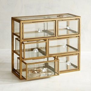 Organisateur de cosmétiques en verre transparent moderne de haute qualité avec métal laqué or, boîte de rangement pour maquillage, présentoir à bijoux, taille personnalisable - Product Image 6